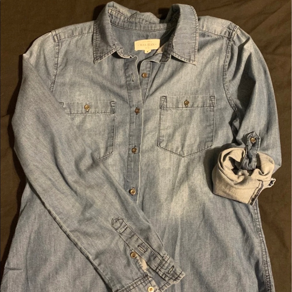 Blue denim long sleeved button down